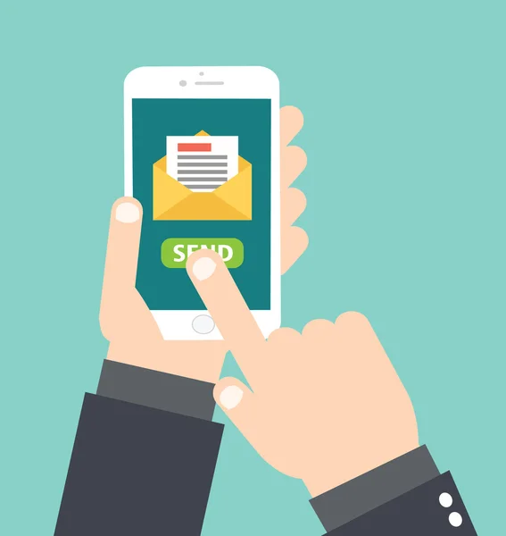 Mão Segurando Smartphone Branco - Toque Enviar e-mail Mensagem — Vetor de Stock