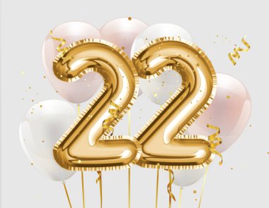 22. yaş günün kutlu olsun altın folyo balonu. 22 'nci yıl dönümü logo şablonu. Konfetiyle 22nci yıl kutlaması. Fotoğraf deposu