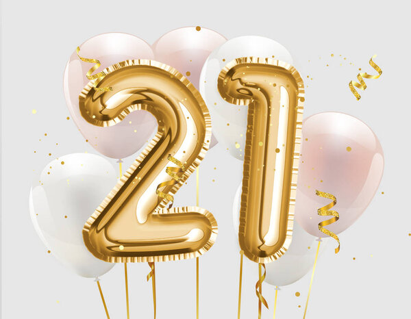 Happy 21th birthday gold foil balloon greeting background. 21 years anniversary logo template- 21th celebrating with confetti. Photo stock