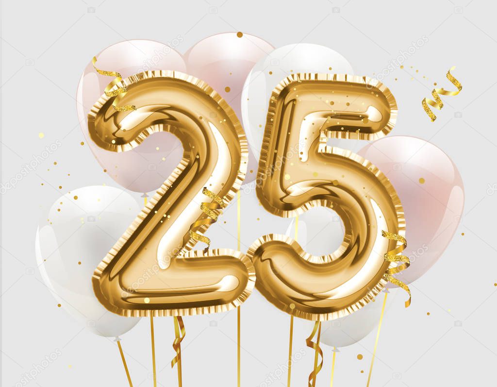 Happy 25th birthday gold foil balloon greeting background. 25 years anniversary logo template- 25th celebrating with confetti. Photo stock.