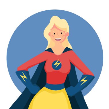 Süper kahraman kadın çizgi film pozu izole edildi. Sarışın, güzel kadın süper kadın avatar. Vektör deposu.