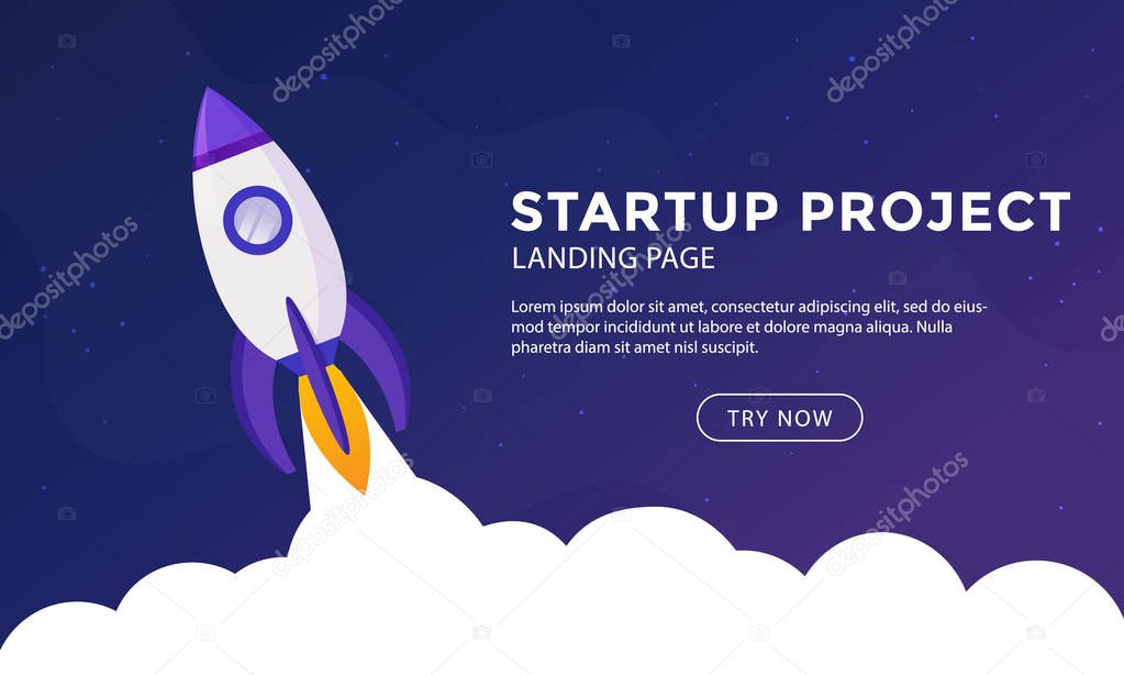 Rocket ship in a flat style. Space rocket launch.Project start up and development process. Business Startup launching product with rocket concept. Vector stock