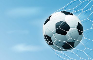 Mavi gökyüzü ile gol ağındaki futbol topu. Metin için fotokopi alanı olan gerçekçi futbol. İllülasyon stoku.
