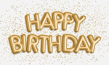 Beyaz arkaplandaki balon harflerinden oluşan mutlu yıllar. Tebrik kartı, pankart, doğum günü davetiyesi ve kutlama için altın balonlar ve konfeti. Fotoğraf deposu.