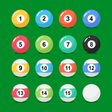 Bilardo topu koleksiyonu düz stil. Numaralı bilardo topları. Vektör deposu.