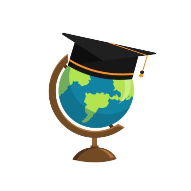 Mezuniyet şapkası ve dünya simgesi beyaz arka planda izole edilmiş. Eğitim konsepti. Vektör deposu