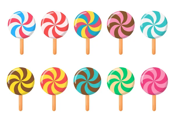 Set Lollipops Various Different Color Isolated White Background Sweet Food — Stock Vector