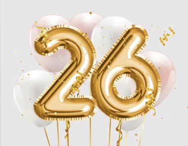 26. yaş günün kutlu olsun altın folyo balonu. 26. Yıldönümü logo şablonu. 26. Konfetiyle kutlama. Fotoğraf deposu.
