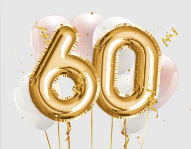 Happy 60th birthday gold foil balloon greeting background. 60 years anniversary logo template- 60th celebrating with confetti. Photo stock. clipart