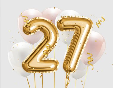 27. yaş günün kutlu olsun altın folyo balonu. Yıl dönümü logo şablonu. Konfetiyle kutlanan 27. 