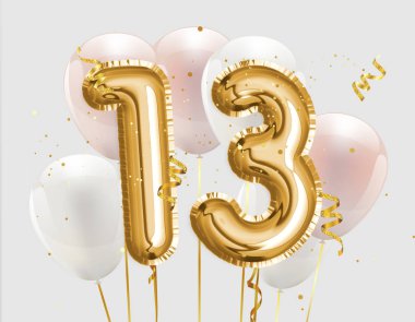 Happy 13th birthday gold foil balloon greeting background. 13 years anniversary logo template- 13th celebrating with confetti. `illustration 3D`