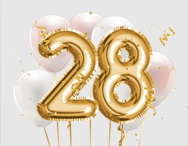 28. yaş günün kutlu olsun altın folyo balonu. 28. Yıl dönümü logo şablonu. Konfetiyle kutlanan 28. 