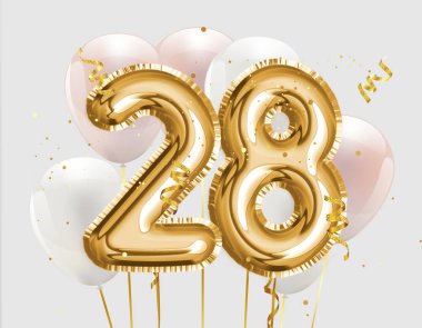 Happy 28th birthday gold foil balloon greeting background. 28 years anniversary logo template- 28th celebrating with confetti. 