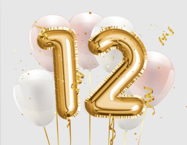 12. yaş günün kutlu olsun altın folyo balonu. 12. Yıl dönümü logo şablonu. Konfetiyle kutlanan 12. yıl. 