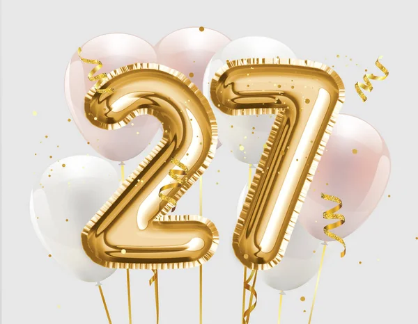 幸せな27歳の誕生日金箔バルーン挨拶の背景 27周年記念ロゴテンプレート コンフェッティで27周年を祝います イラスト3D — ストック写真