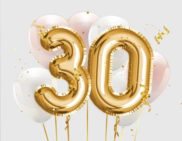 祝您生日快乐30岁生日金箔气球背景 30周年标志的模板30周年庆祝与Confetti 照片库存 — 图库照片