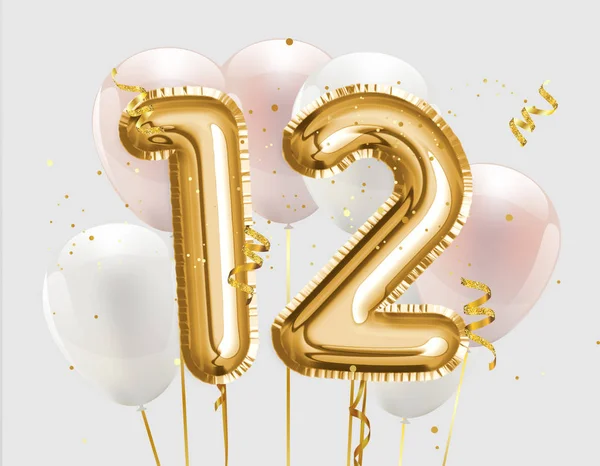 Happy 12Th Birthday Gold Foil Balloon Greeting Background Years Anniversary — Stock Photo, Image