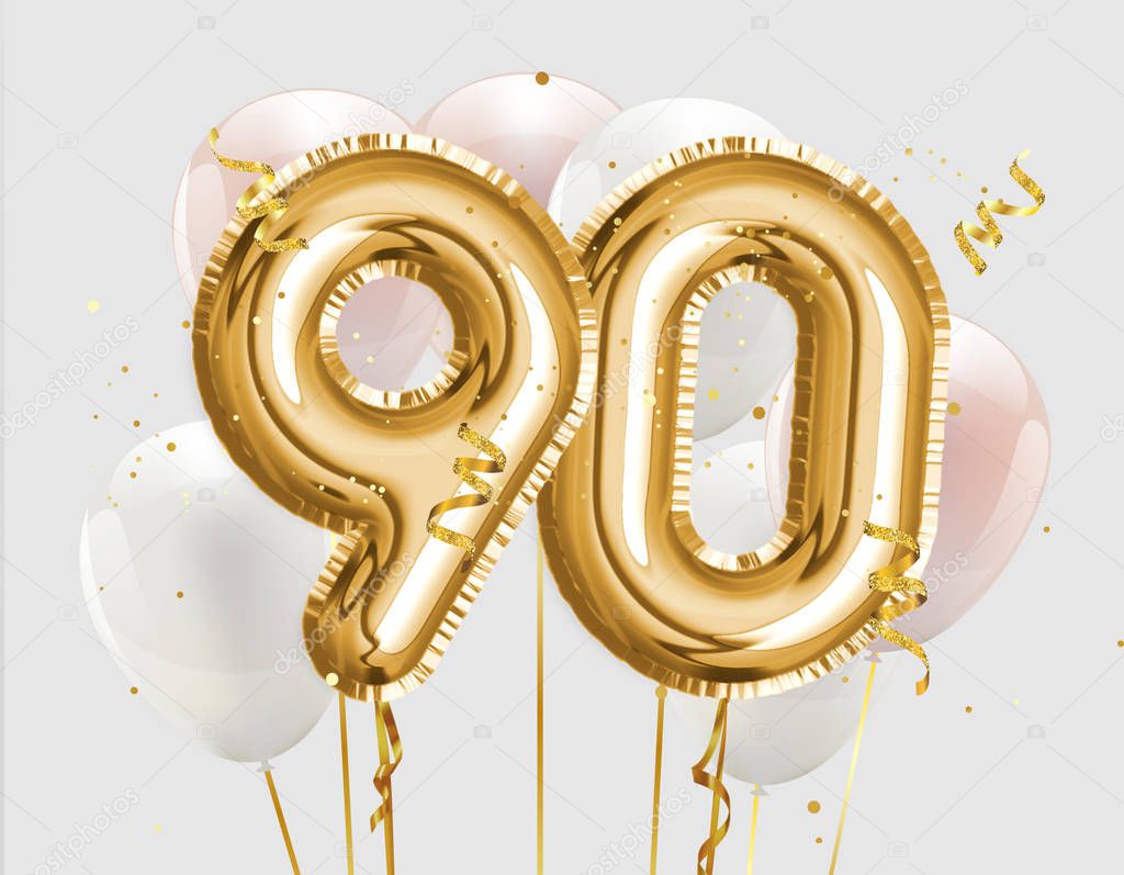 Feliz 90 cumpleaños oro hoja globo saludo fondo. Plantilla de logotipo