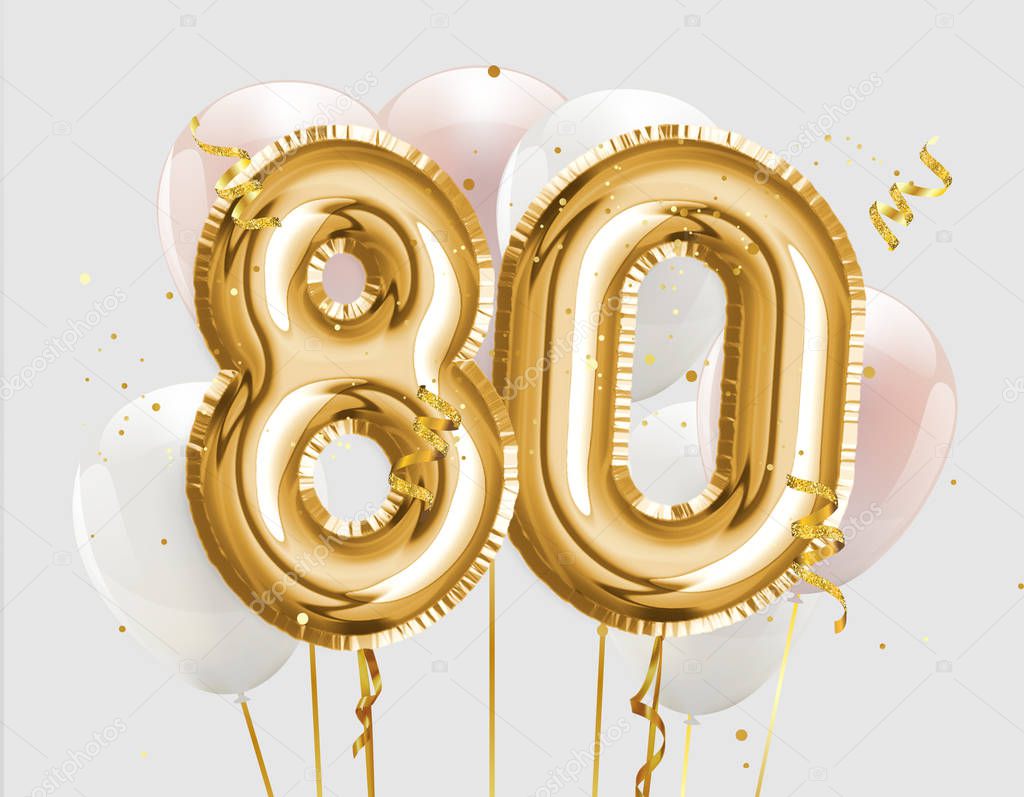 Happy 80th birthday gold foil balloon greeting background. 80 years anniversary logo template- 80th celebrating with confetti. Photo stock.