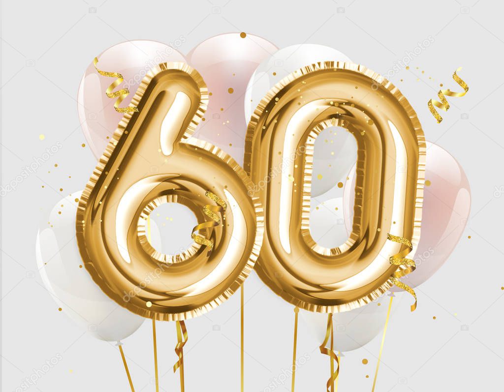 Happy 60th birthday gold foil balloon greeting background. 60 years anniversary logo template- 60th celebrating with confetti. Photo stock.
