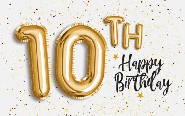 10. yaş günün kutlu olsun altın folyo balonu. 10. yıl dönümü logo şablonu konfetiyle kutlanıyor. Fotoğraf deposu.
