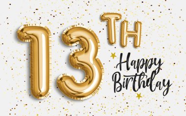 13. yaş günün kutlu olsun altın folyo balonu. 13. yıl dönümü kutlaması konfetiyle. Fotoğraf deposu.