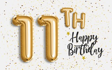 11. yaş günün kutlu olsun altın folyo balonu. 11. yıl dönümü logosu... 11. yıl kutlamaları konfetiyle. Fotoğraf deposu.