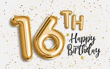 16. yaş günün kutlu olsun altın folyo balonu. 16. yıl dönümü kutlaması konfetiyle kutlanıyor. Fotoğraf deposu