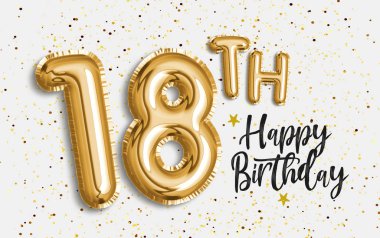 18. yaş günün kutlu olsun altın folyo balonu. 18. yıl dönümü logo şablonu konfetiyle kutlanıyor. Fotoğraf deposu.