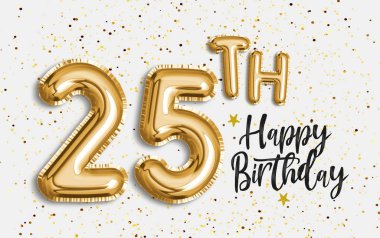 25. yaş günün kutlu olsun altın folyo balonu. 25. yıl dönümü kutlaması konfetiyle. Fotoğraf deposu.