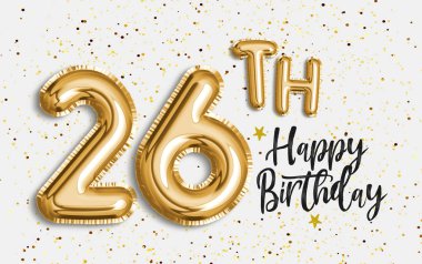 26. yaş günün kutlu olsun altın folyo balonu. 26. Yıldönümü logo şablonu. 26. Konfetiyle kutlama. Fotoğraf deposu.