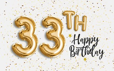 33. yaş günün kutlu olsun altın folyo balonu geçmiş. 33. Yıldönümü logo şablonu. Konfetiyle kutlanan 33. yıl. Fotoğraf deposu.