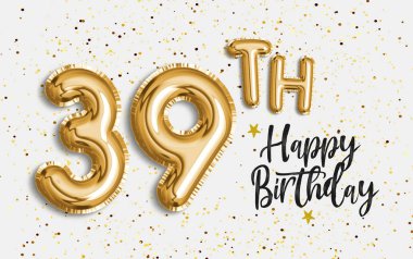 39. yaş günün kutlu olsun altın folyo balonu beyaz duvar arkasını selamlıyor. 39. Yıl dönümü logo şablonu. Konfetiyle kutlanan 39. yıl. 