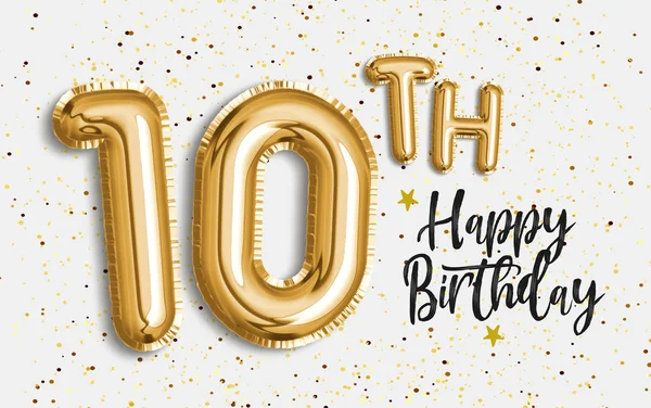 Happy 10th birthday gold foil balloon greeting background. 10 years anniversary logo template- 10th celebrating with confetti. Photo stock.