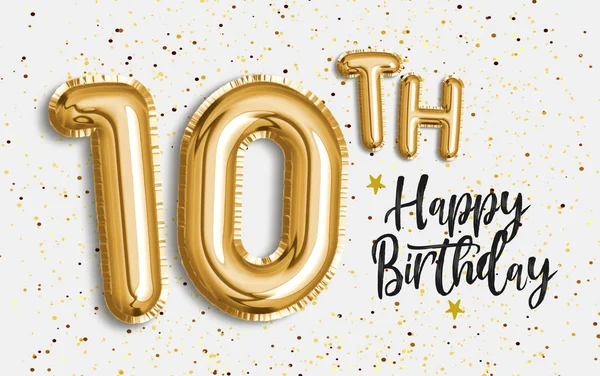 10. yaş günün kutlu olsun altın folyo balonu. 10. yıl dönümü logo şablonu konfetiyle kutlanıyor. Fotoğraf deposu.