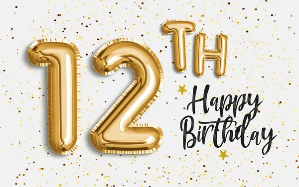 Happy 12th birthday gold foil balloon greeting background. 12 years anniversary logo template- 12th celebrating with confetti. Photo stock.