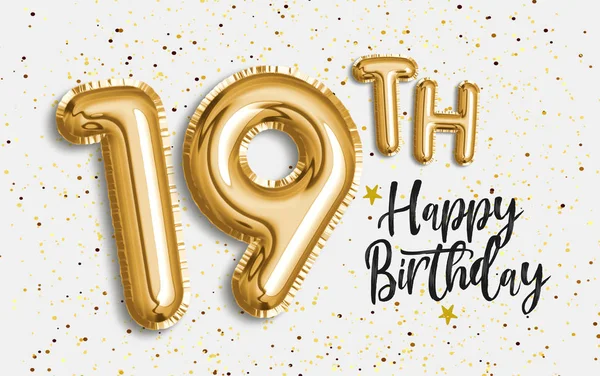 Happy 19Th Birthday Gold Foil Balloon Greeting Background Years Anniversary — Stock Photo, Image