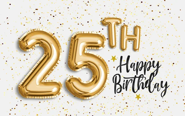 Happy 25th birthday gold foil balloon greeting background. 25 years anniversary logo template- 25th celebrating with confetti. Photo stock.