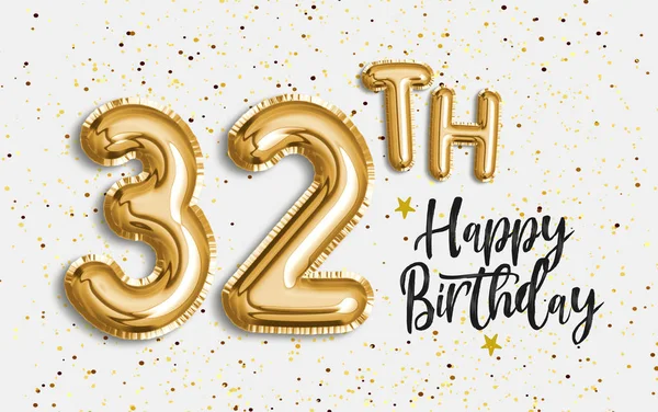 Happy 32th birthday gold foil balloon greeting background. 32 years anniversary logo template- 32th celebrating with confetti. Photo stock.