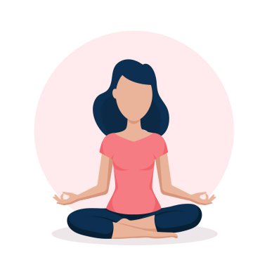 Beyaz arka planda meditasyon yapan bir kadın. Yoga, meditasyon, rahatlama, sağlıklı yaşam tarzı konsepti. Vektör deposu