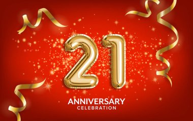 21. yıl dönümü kutlaması. Yıldönümü balonları altın yılanbalığı ve kırmızı arka planda konfeti ile kutluyor. Doğum günü ya da düğün partisi dekorasyonu. İllülasyon stoku
