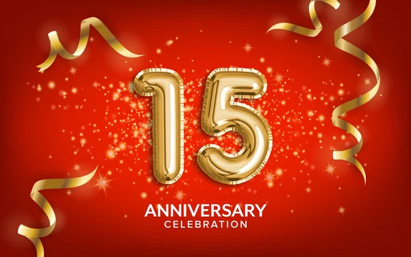 15. yıldönümü kutlaması. Yıldönümü balonları altın yılanbalığı ve kırmızı arka planda konfeti ile kutluyor. Doğum günü ya da düğün partisi dekorasyonu. İllülasyon stoku