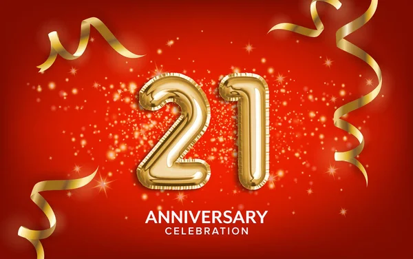 21. yıl dönümü kutlaması. Yıldönümü balonları altın yılanbalığı ve kırmızı arka planda konfeti ile kutluyor. Doğum günü ya da düğün partisi dekorasyonu. İllülasyon stoku