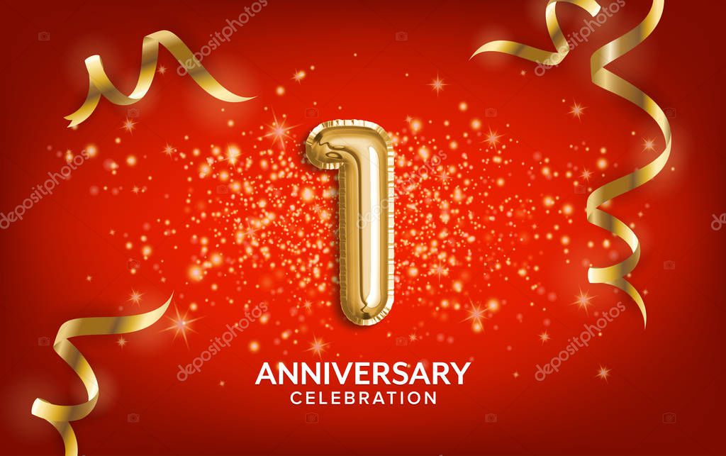 First Anniversary celebration. Anniversary Celebrating text balloons with golden serpentine and confetti on red background. Birthday or wedding party event decoration. Illustration stock