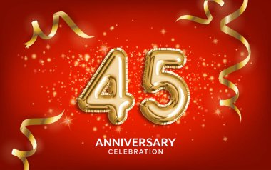 45. Yıldönümü kutlaması. Yıldönümü balonları altın yılanbalığı ve kırmızı arka planda konfeti ile kutluyor. Doğum günü ya da düğün partisi dekorasyonu. İllülasyon stoku