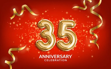 35. yıldönümü kutlaması. Yıldönümü balonları altın yılanbalığı ve kırmızı arka planda konfeti ile kutluyor. Doğum günü ya da düğün partisi dekorasyonu. İllülasyon stoku