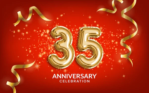 35周年記念 記念日赤い背景に金色の蛇紋岩とコンフェッティとテキストバルーンを祝います 誕生日や結婚式のパーティーイベントの装飾 イラストストック — ストック写真