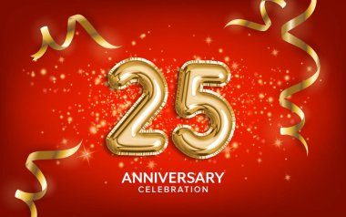 25. yıldönümü kutlaması. Yıldönümü balonları altın yılanbalığı ve kırmızı arka planda konfeti ile kutluyor. Doğum günü ya da düğün partisi dekorasyonu. İllülasyon stoku