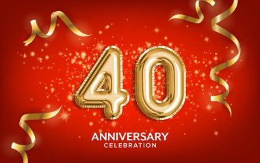 40. yıldönümü kutlaması. Yıldönümü balonları altın yılanbalığı ve kırmızı arka planda konfeti ile kutluyor. Doğum günü ya da düğün partisi dekorasyonu. İllülasyon stoku