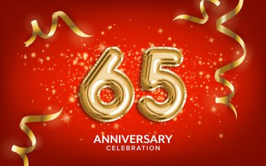 65. yıldönümü kutlaması. Yıldönümü balonları altın yılanbalığı ve kırmızı arka planda konfeti ile kutluyor. Doğum günü ya da düğün partisi dekorasyonu. İllülasyon stoku